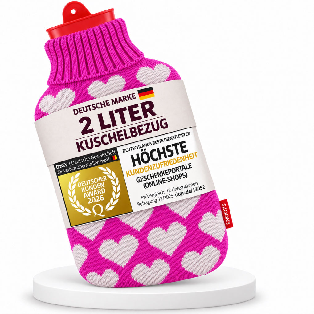 SNOOZY Wärmflasche mit pinkem Herz-Strickbezug, 2 Liter
