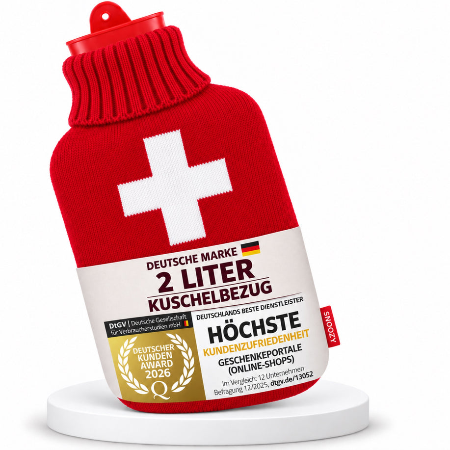 SNOOZY Wärmflasche mit rotem Strickbezug und Schweizer Kreuz, 2 Liter