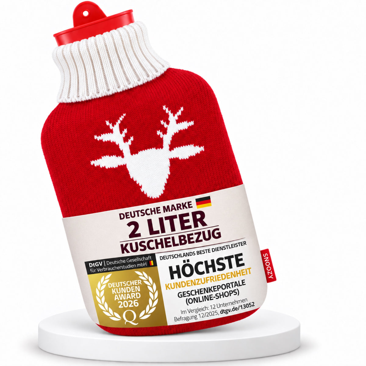 SNOOZY Wärmflasche mit rotem Rentier-Strickbezug, 2 Liter