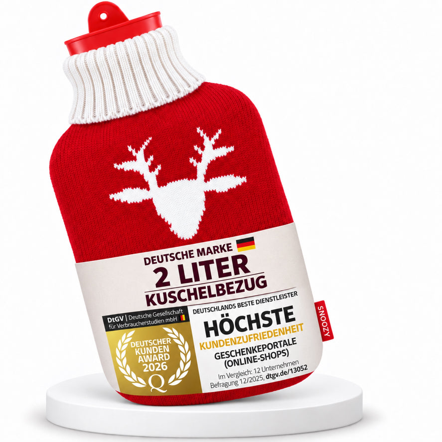 SNOOZY Wärmflasche mit rotem Rentier-Strickbezug, 2 Liter