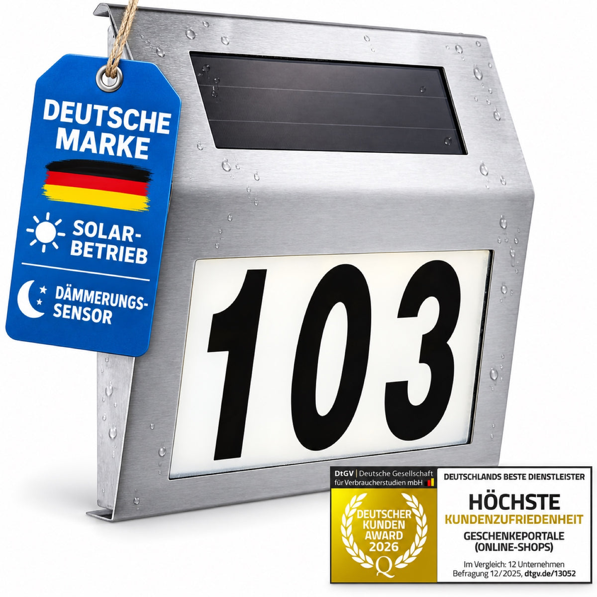 Solar-Hausnummer aus Edelstahl – Deutsche Marke, Solarbetrieb und Dämmerungssensor