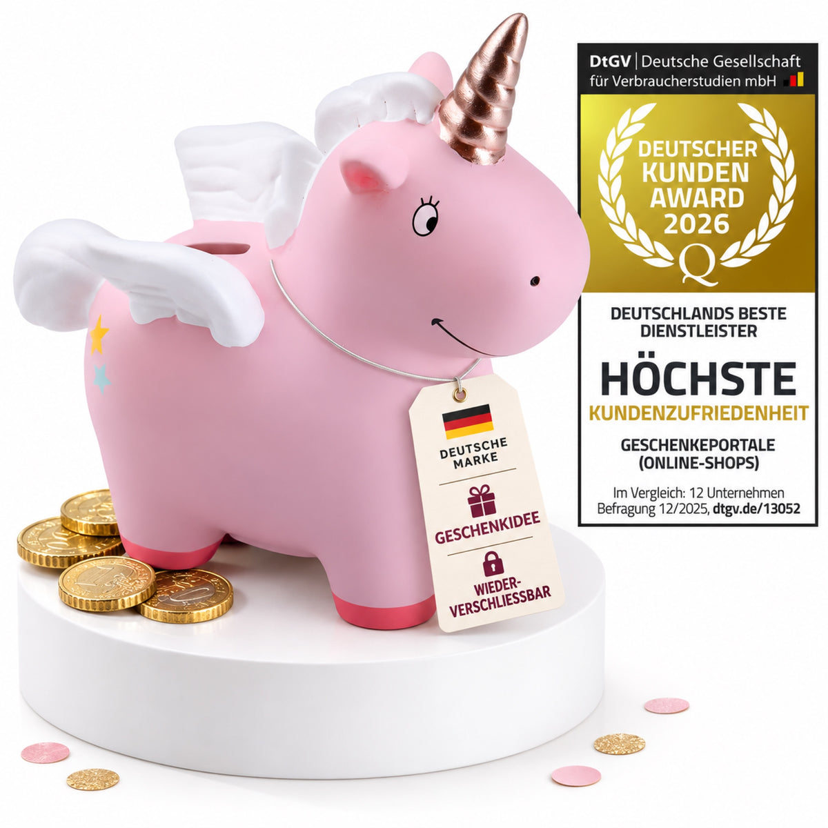 Rosa Einhorn-Spardose mit weißen Flügeln, Geschenk-Anhänger und DtGV Kunden-Award 2026