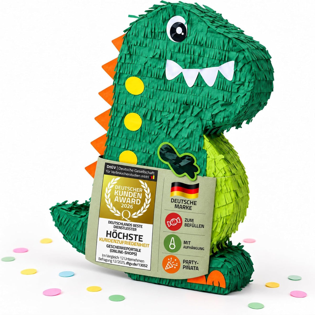 Dinosaurier-Piñata, grüner Dino mit erlaubtem Kundenzufriedenheitssiegel, ohne Prüfengel