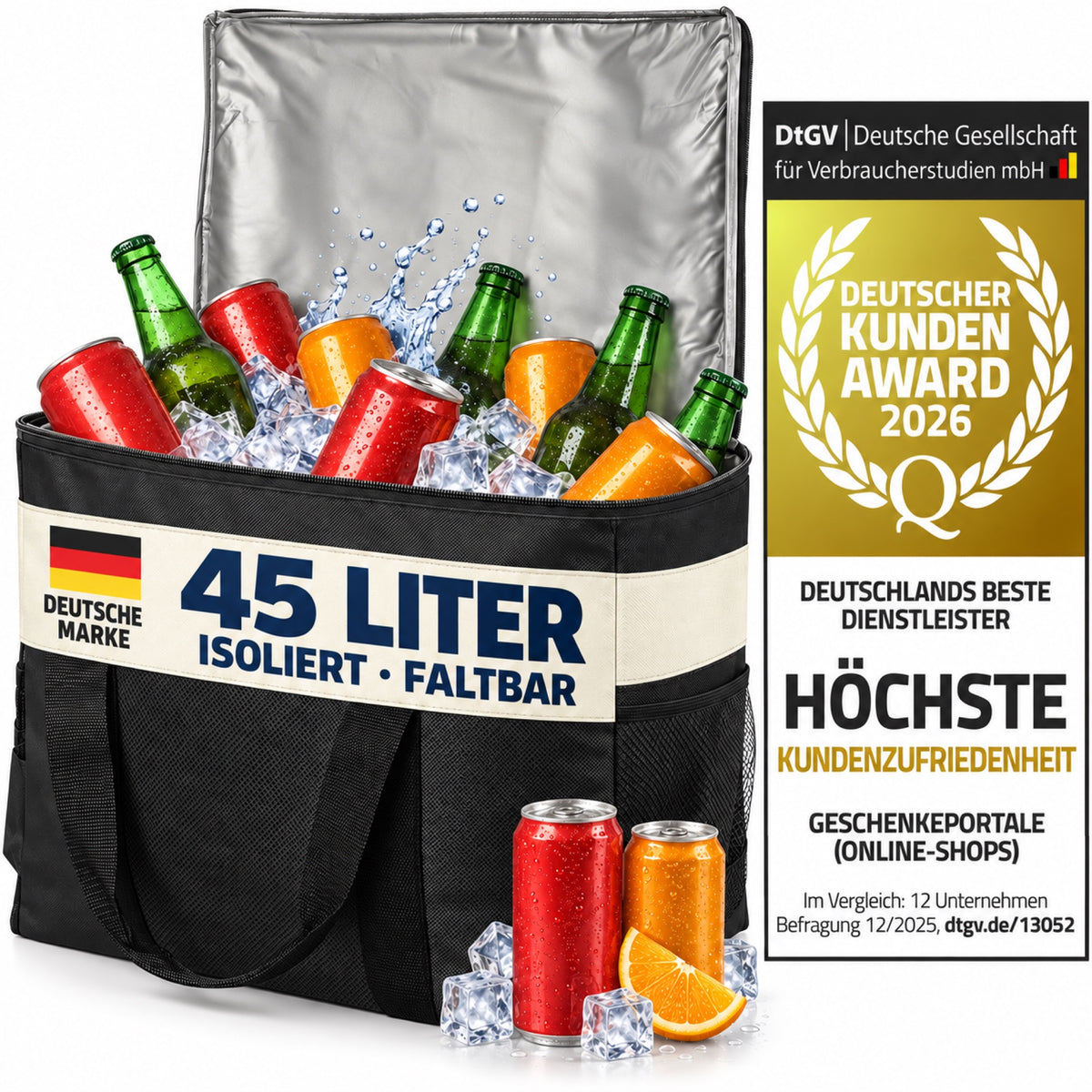 Schwarze 45 Liter Kühltasche – Deutsche Marke, isoliert und faltbar – ohne Prüfengel