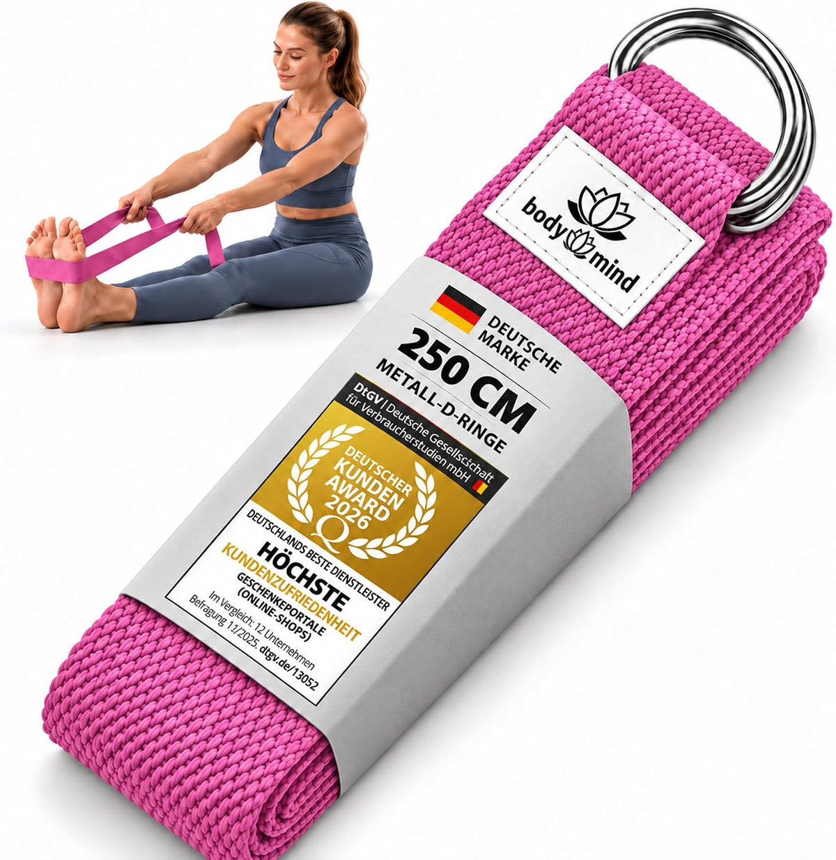 Body & Mind Yogagurt 250 cm Rosenquarz mit D-Ring