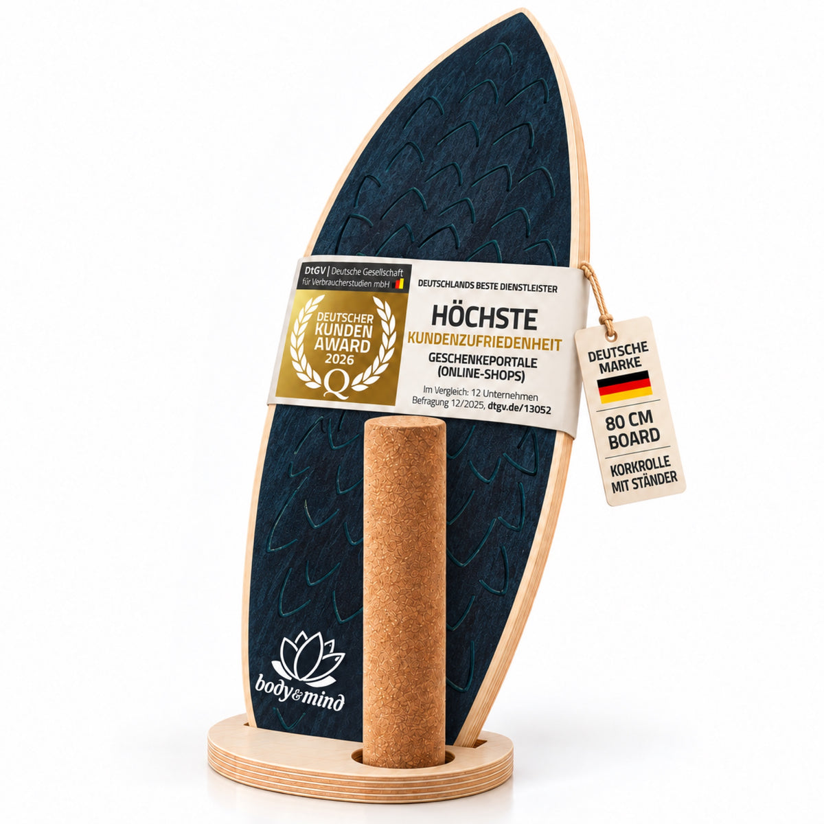 Balance-Board Surfbrett Dark Ocean in Aufbewahrung mit Korkrolle #Farbe_Dark Ocean