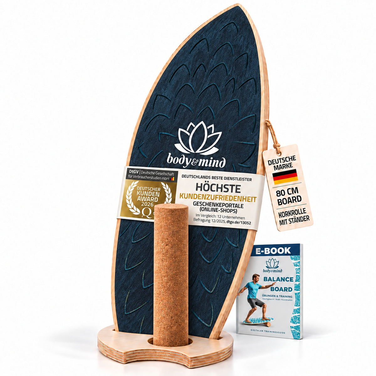 Balance-Board Surfbrett Dark Ocean mit Korkrolle und Ständer #Farbe_Dark Ocean