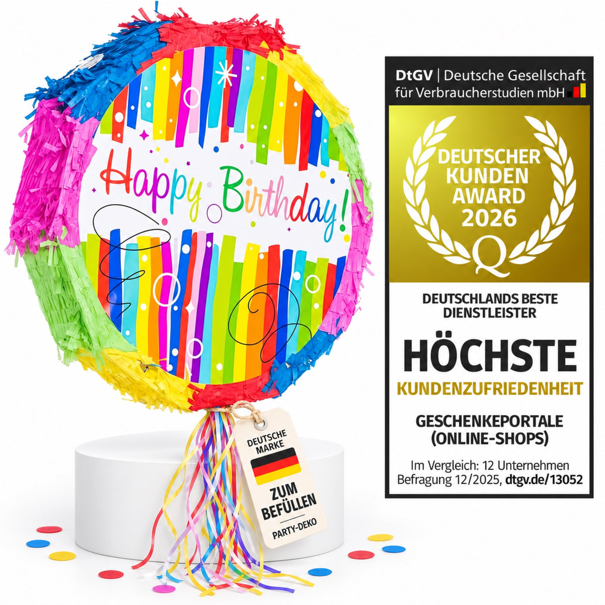 Happy Birthday Piñata mit buntem Originalmotiv, Deutsche-Marke-Anhänger und DtGV Kunden-Award 2026