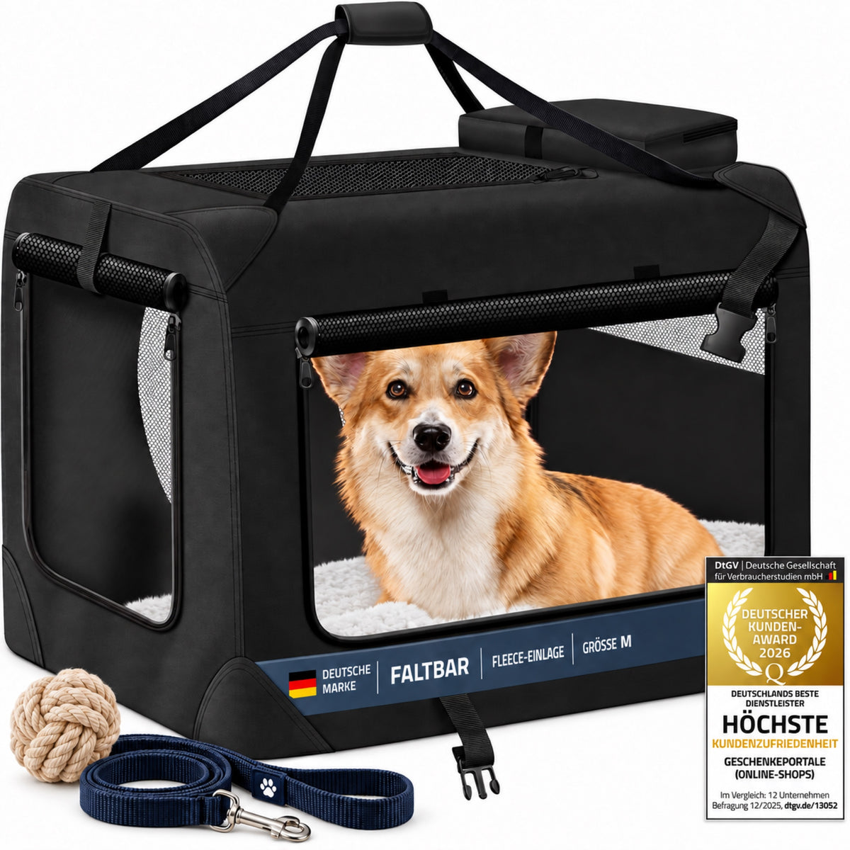 Faltbare schwarze Hundetransportbox Größe M mit Fleece-Einlage, Corgi als Nutzungsbeispiel und Kundenzufriedenheitssiegel 2026