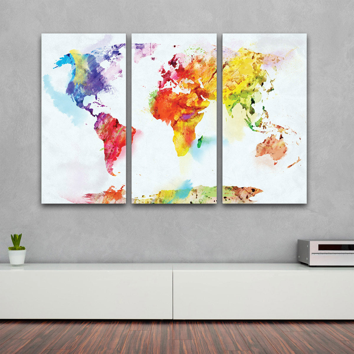 Bunte-Leinwand-Weltkarte-als-Aquarell-auf-Keilrahmen