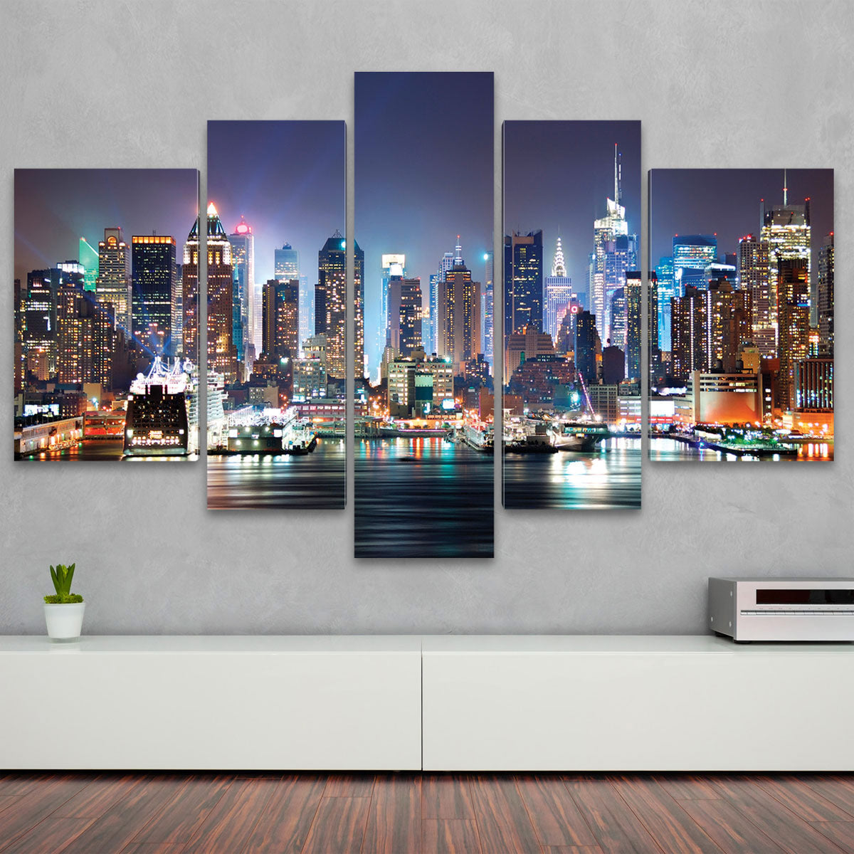 Manhattan-Skyline-bei-Nacht-Bilder-auf-Leinwand
