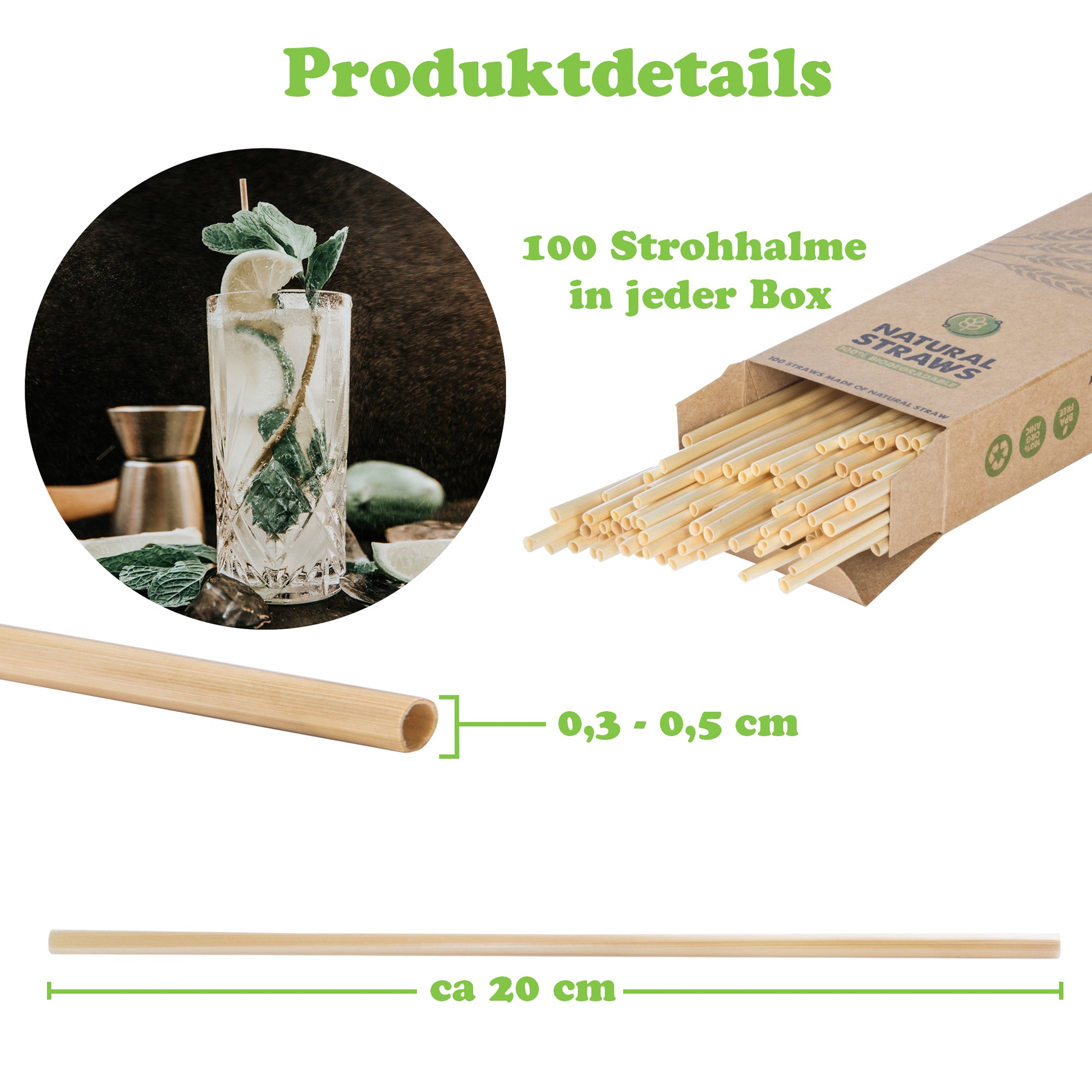 100 Stück Bio Weizenstrohhalme Set biologische Weizen Strohhalme