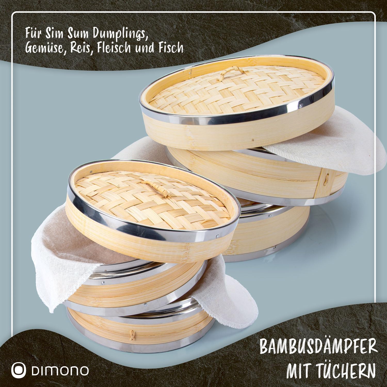 Bambus Dampfgarer 20cm - 2 Etagen Asia-Dampfkorb mit Edelstahl-Ring