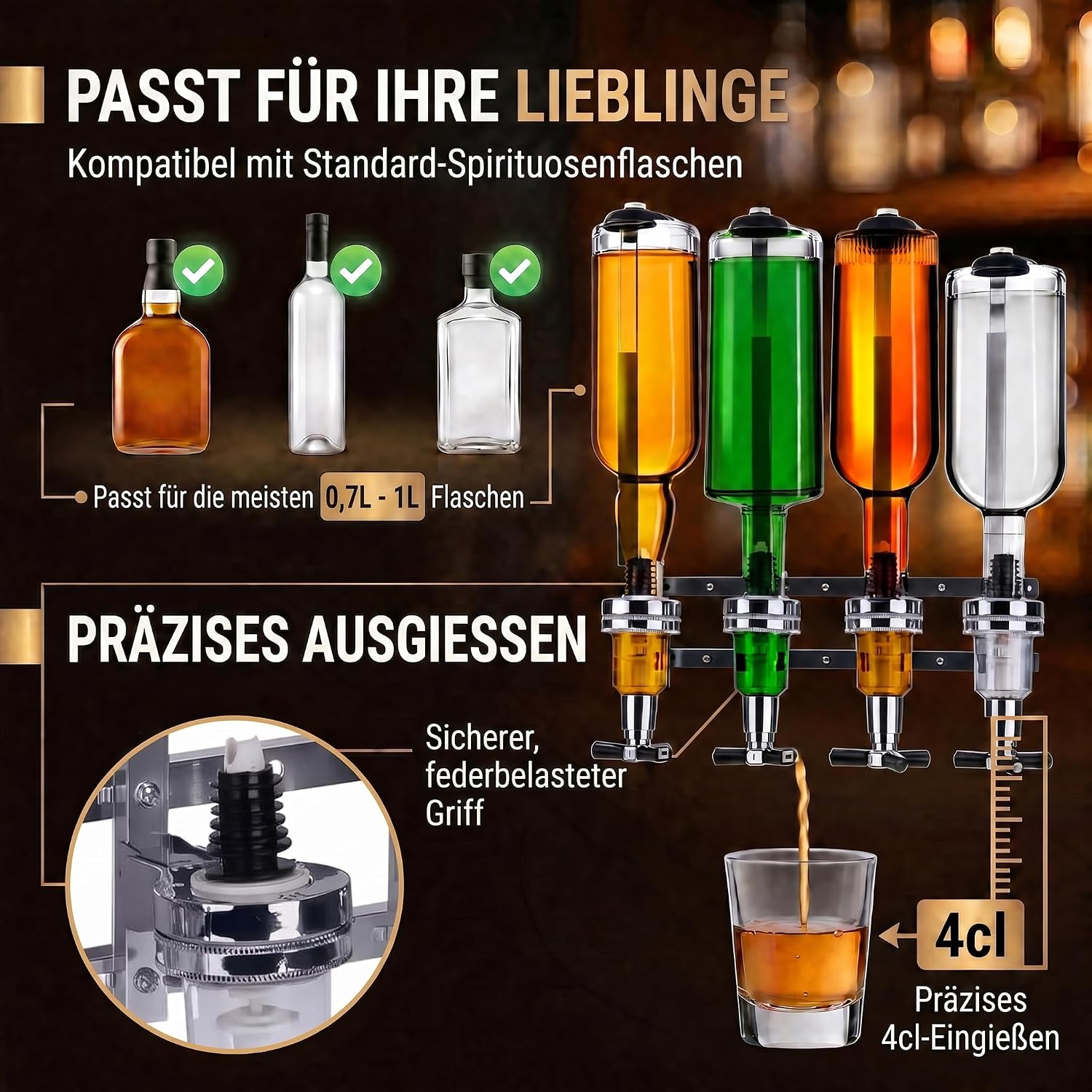4-fach Wand-Spirituosenspender - Hochwertiger Bar-Butler & Portionierer