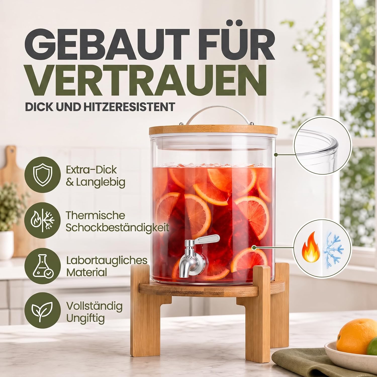Designer Getränkespender mit Zapfhahn & Bambusgestell 5L & 8L