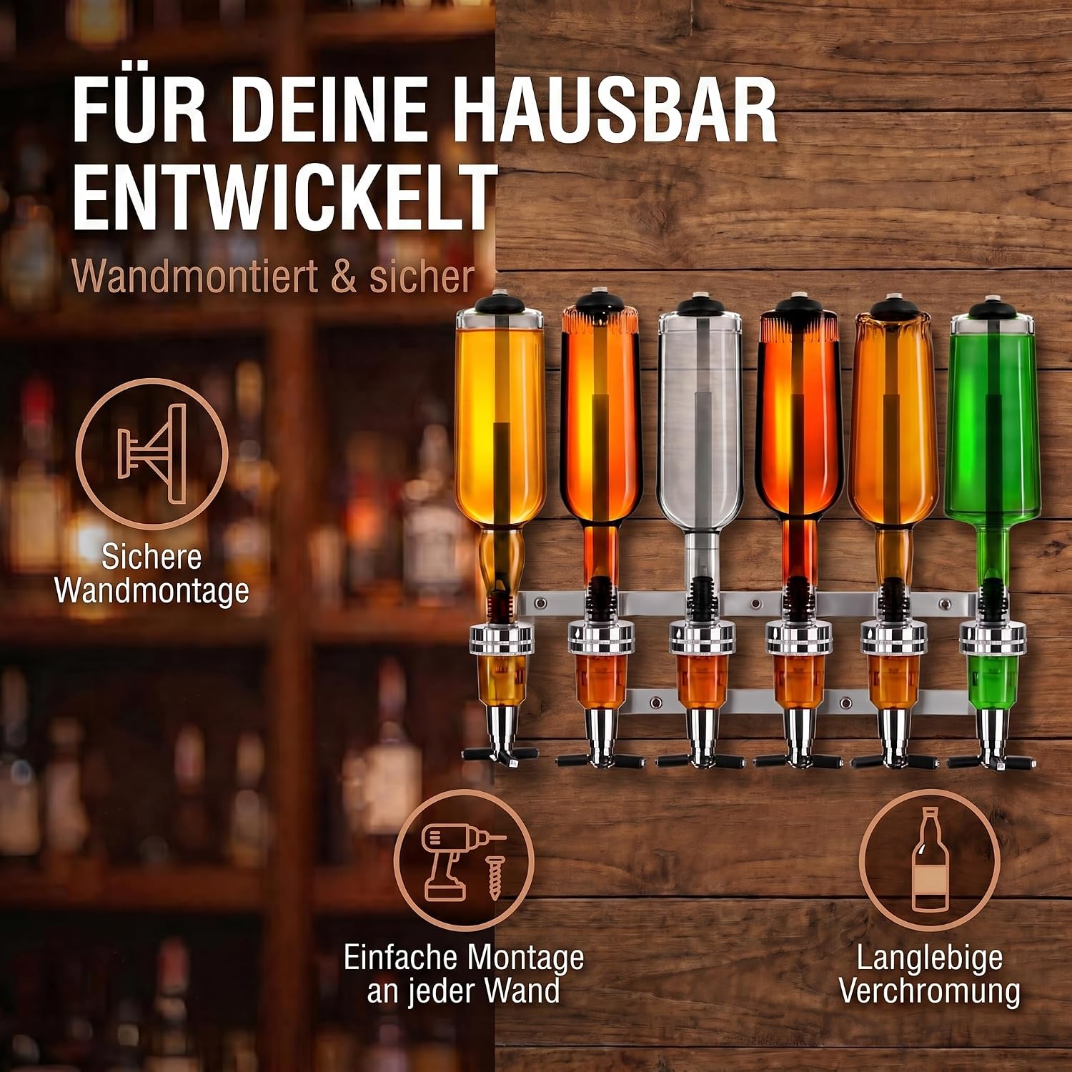 4-fach Wand-Spirituosenspender - Hochwertiger Bar-Butler & Portionierer