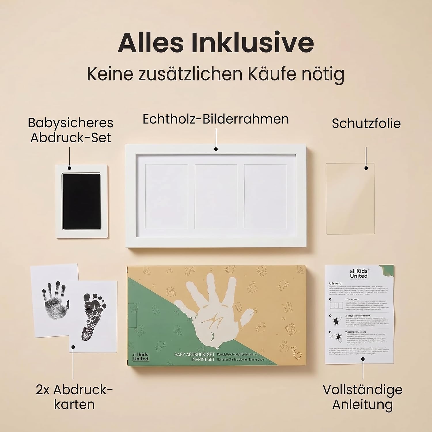 Baby Abdruckset mit Bilderrahmen - Holz-Rahmen für Hand & Fuß