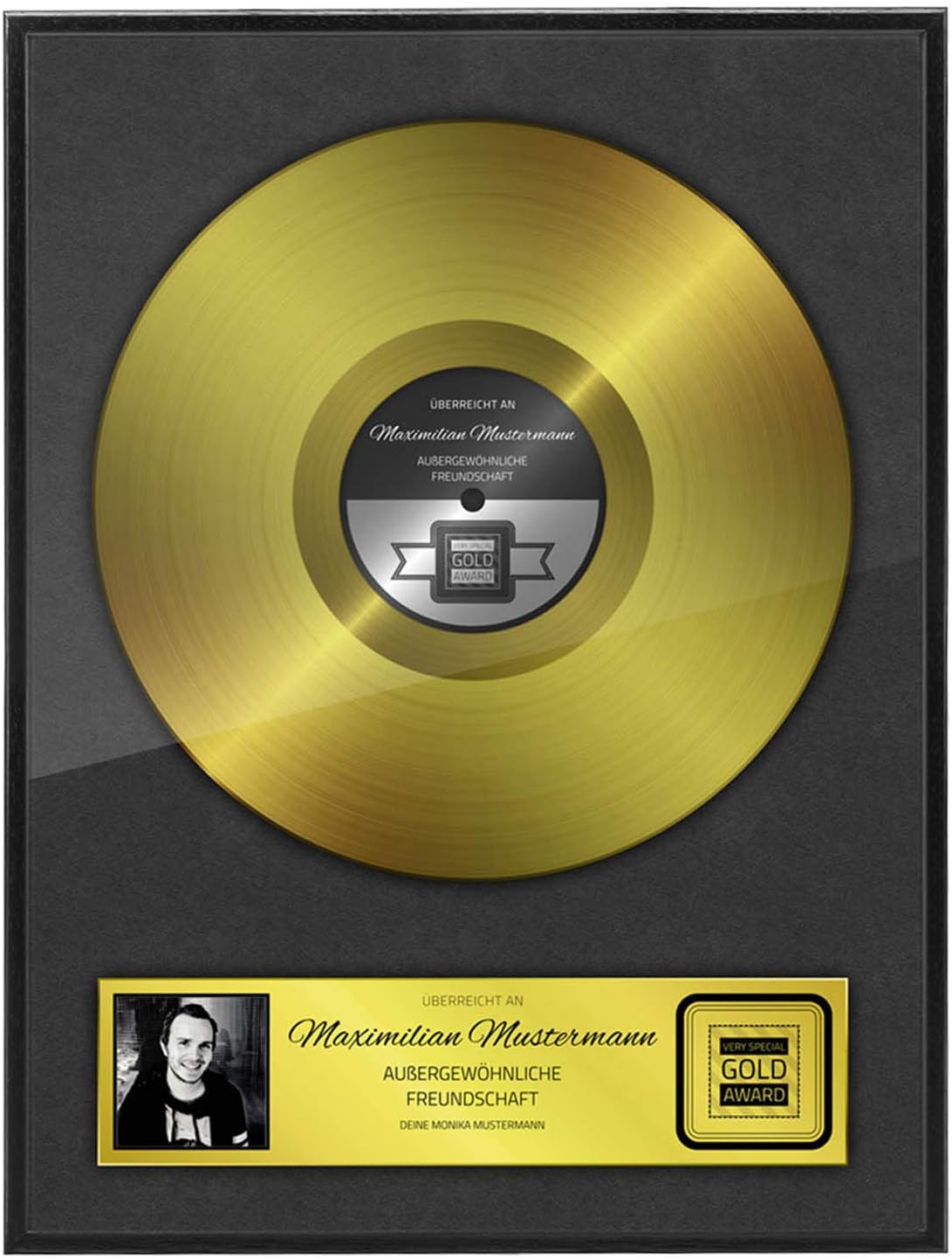Goldene Schallplatte personalisiert mit Holz-Rahmen - Musik-Geschenk
