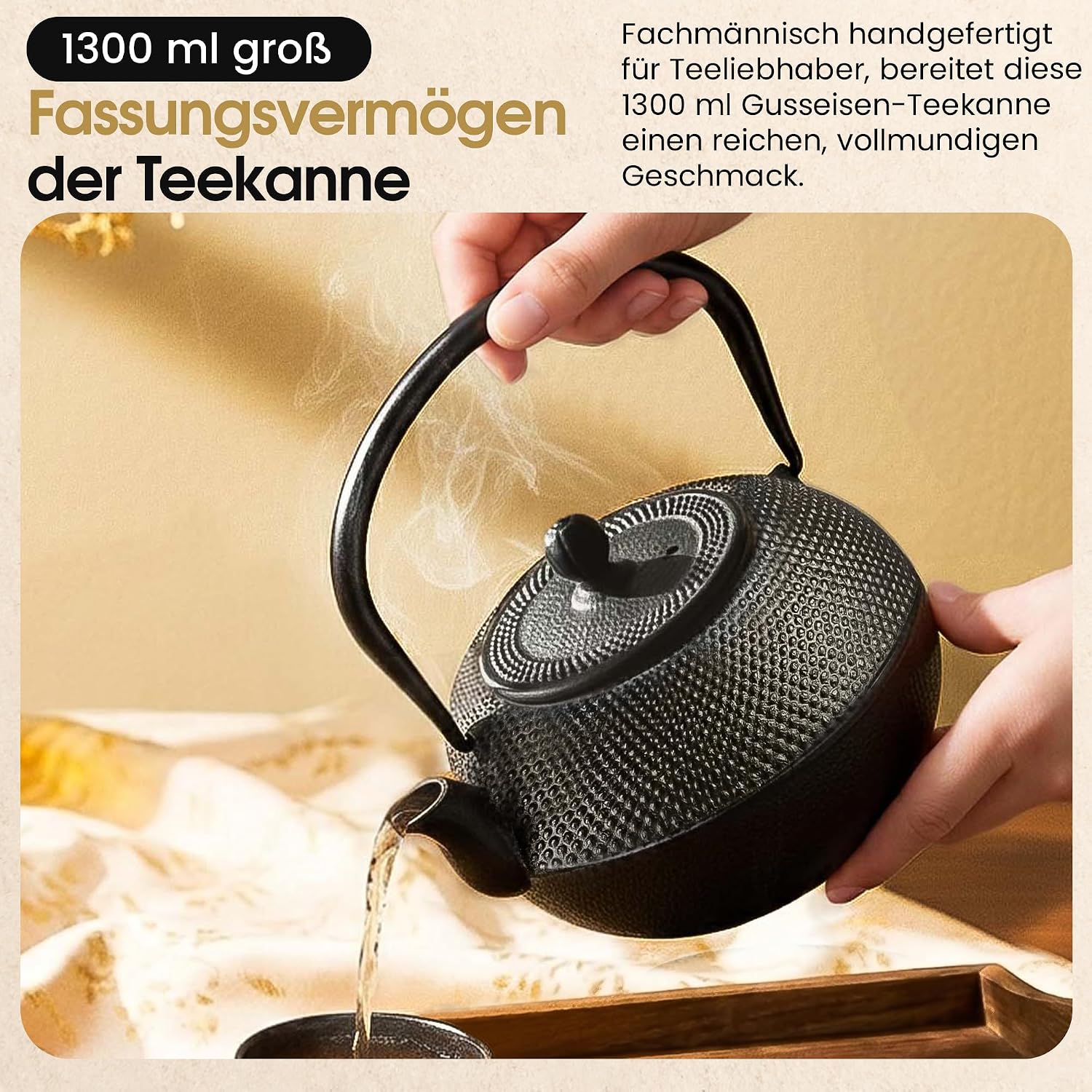 Teekanne aus Gusseisen 1,3l mit Sieb - Schwarz & Emailliert
