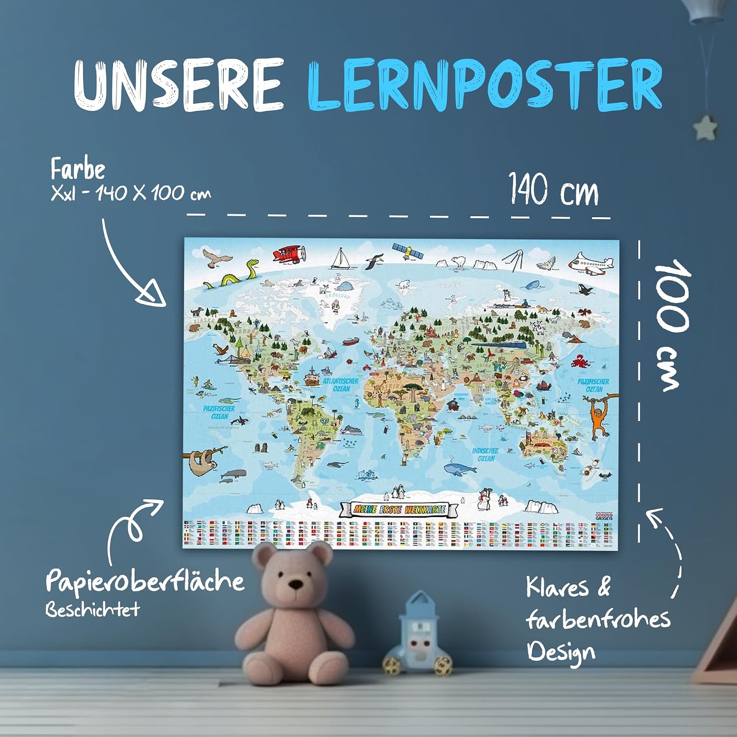 Kinder Weltkarte XXL - 140x100cm Lernposter für Kinder