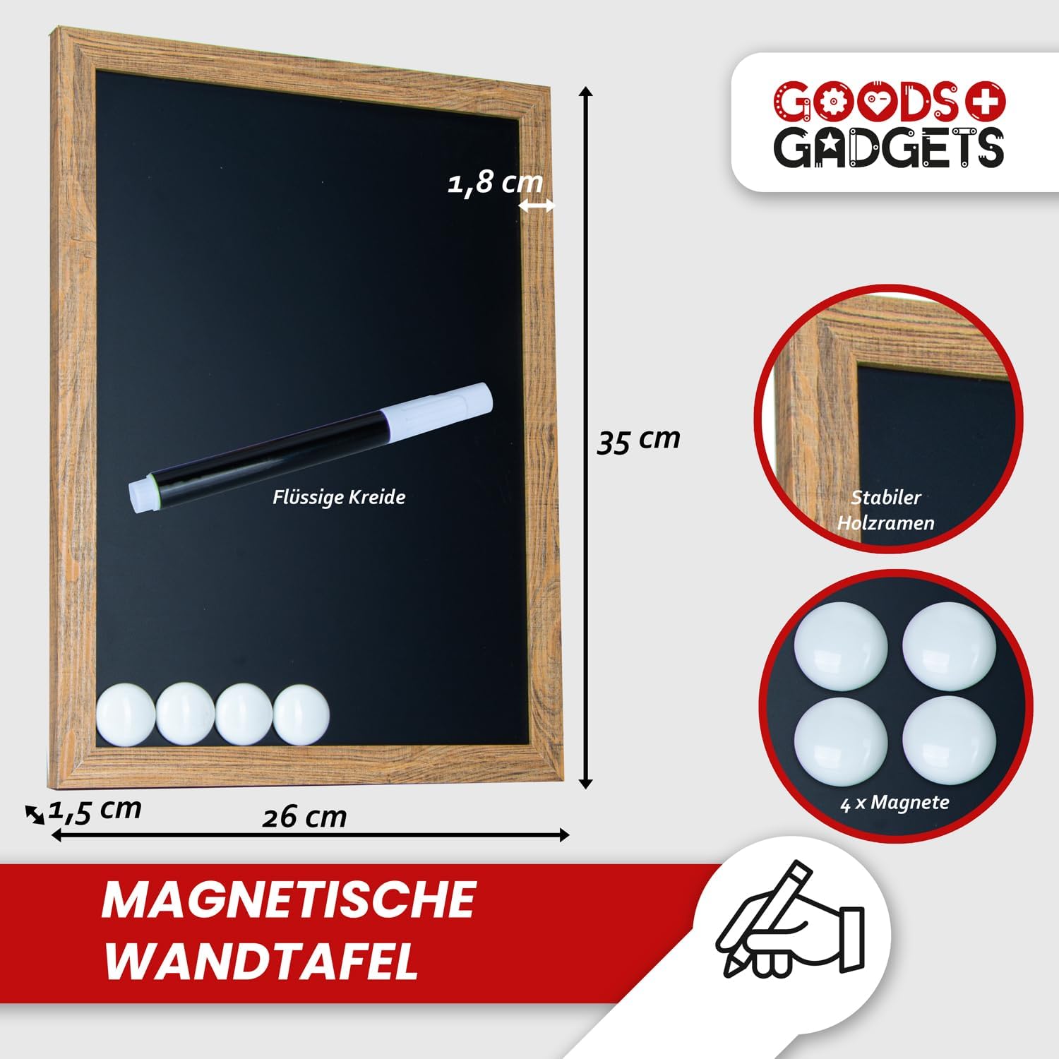 Magnetische Kreidetafel mit Holzrahmen – 26 x 35 cm – Wandtafel