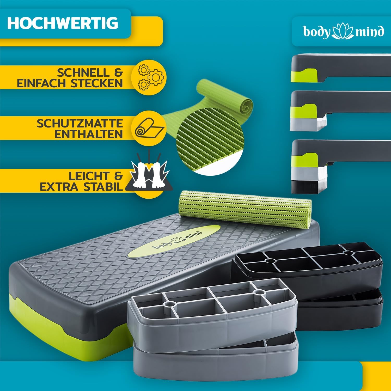 Aerobic Stepper – 3-Stufen Steppbrett mit Anti-Rutsch-Matte