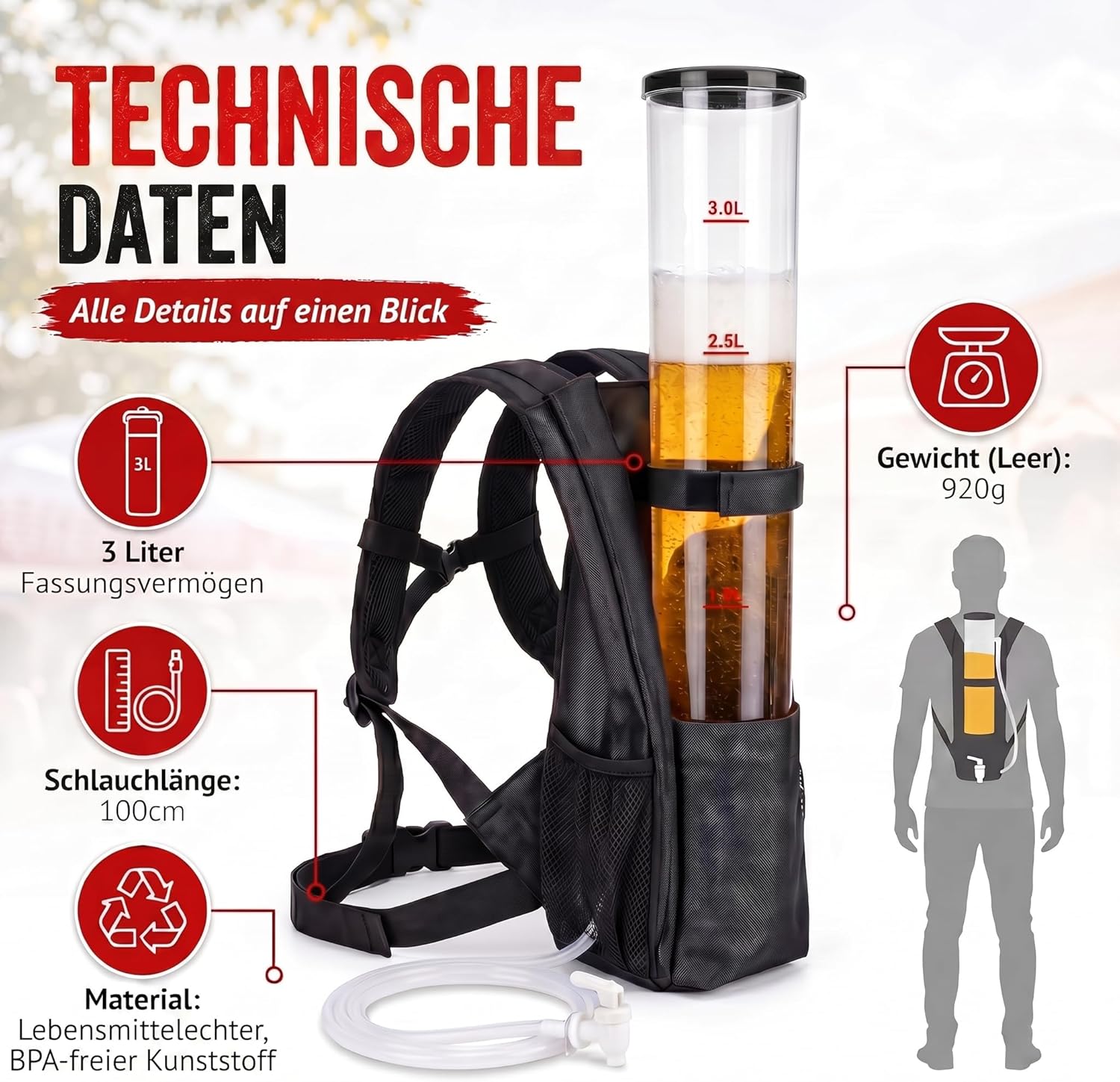 Bier-Rucksack mit Zapfsystem - 3 Liter Getränke-Rucksack für Partys
