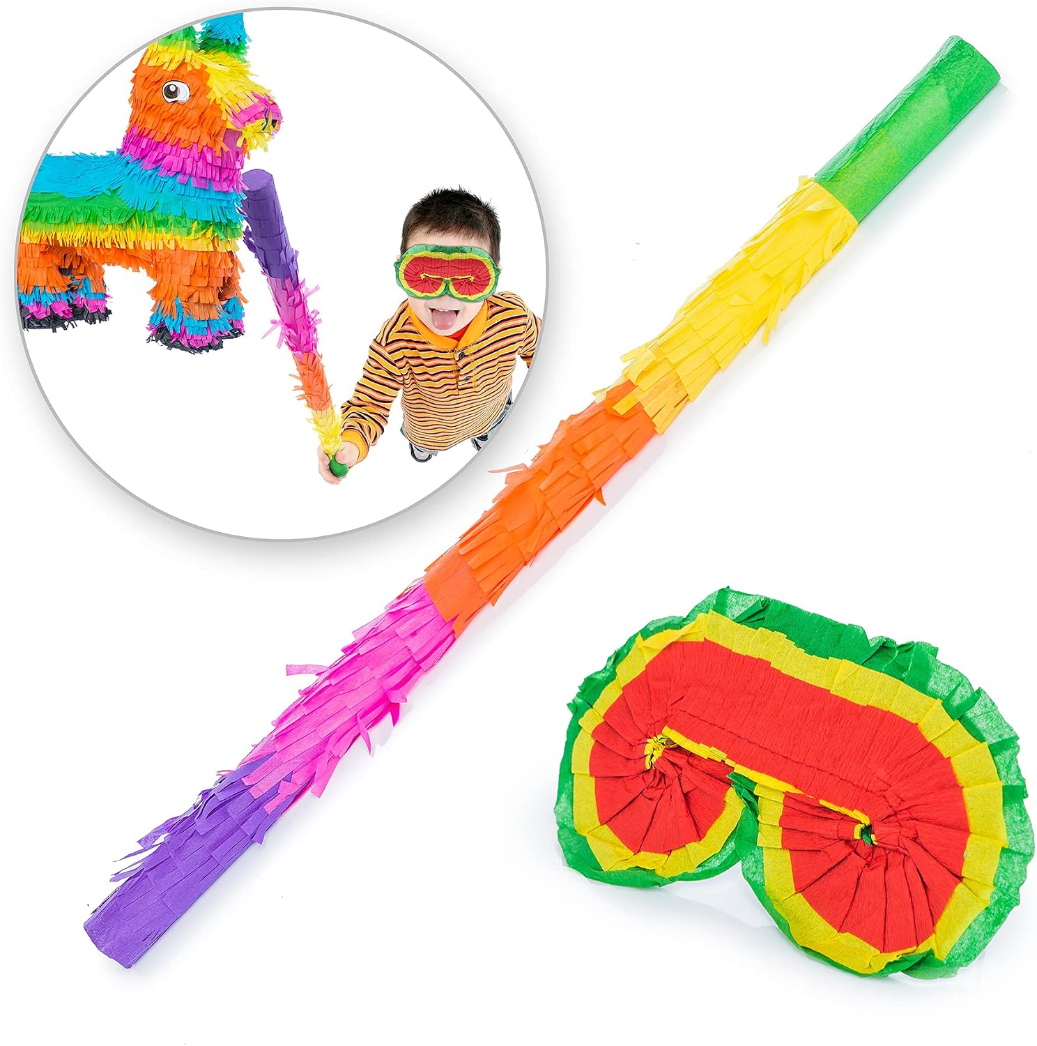 Piñata Set für Kindergeburtstag mit Stab & Augenmaske – Bunter Spaß
