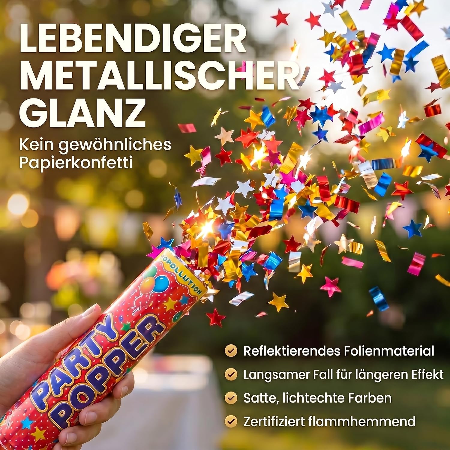 10x Konfettikanone XXL 100 cm – Bunte Sterne Party Popper