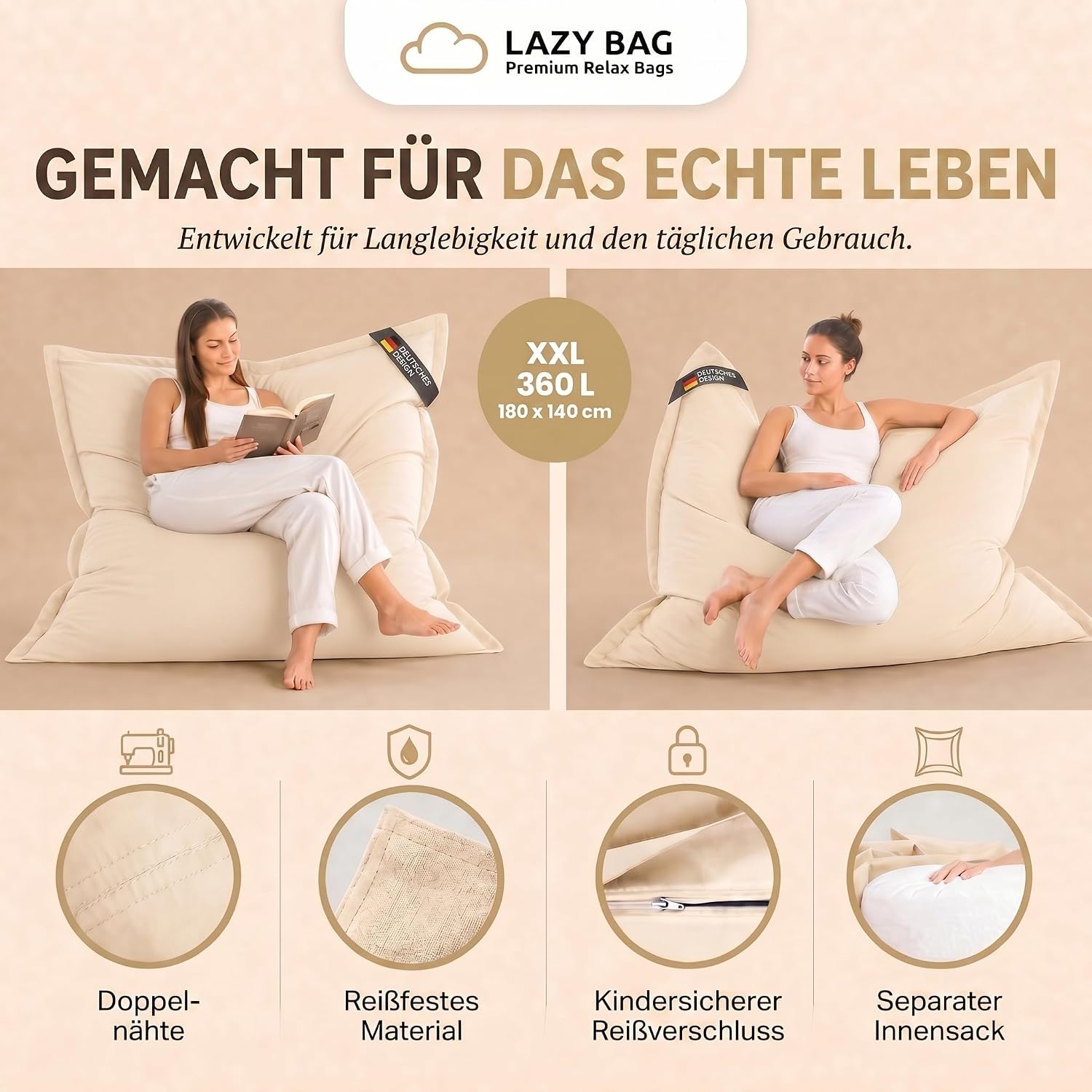 LazyBag XXL Sitzsack 180x140 cm aus Baumwolle – 400L Komfort