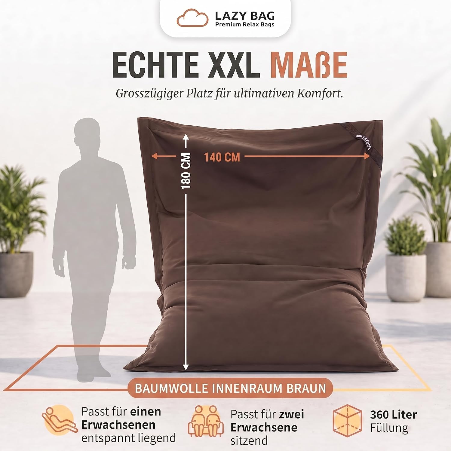 LazyBag XXL Sitzsack 180x140 cm aus Baumwolle – 400L Komfort