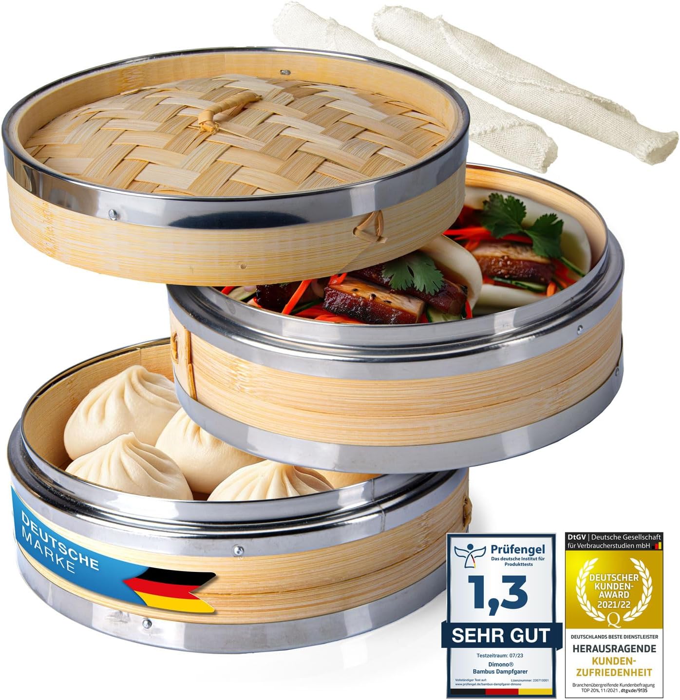 Bambus Dampfgarer 20cm - 2 Etagen Asia-Dampfkorb mit Edelstahl-Ring
