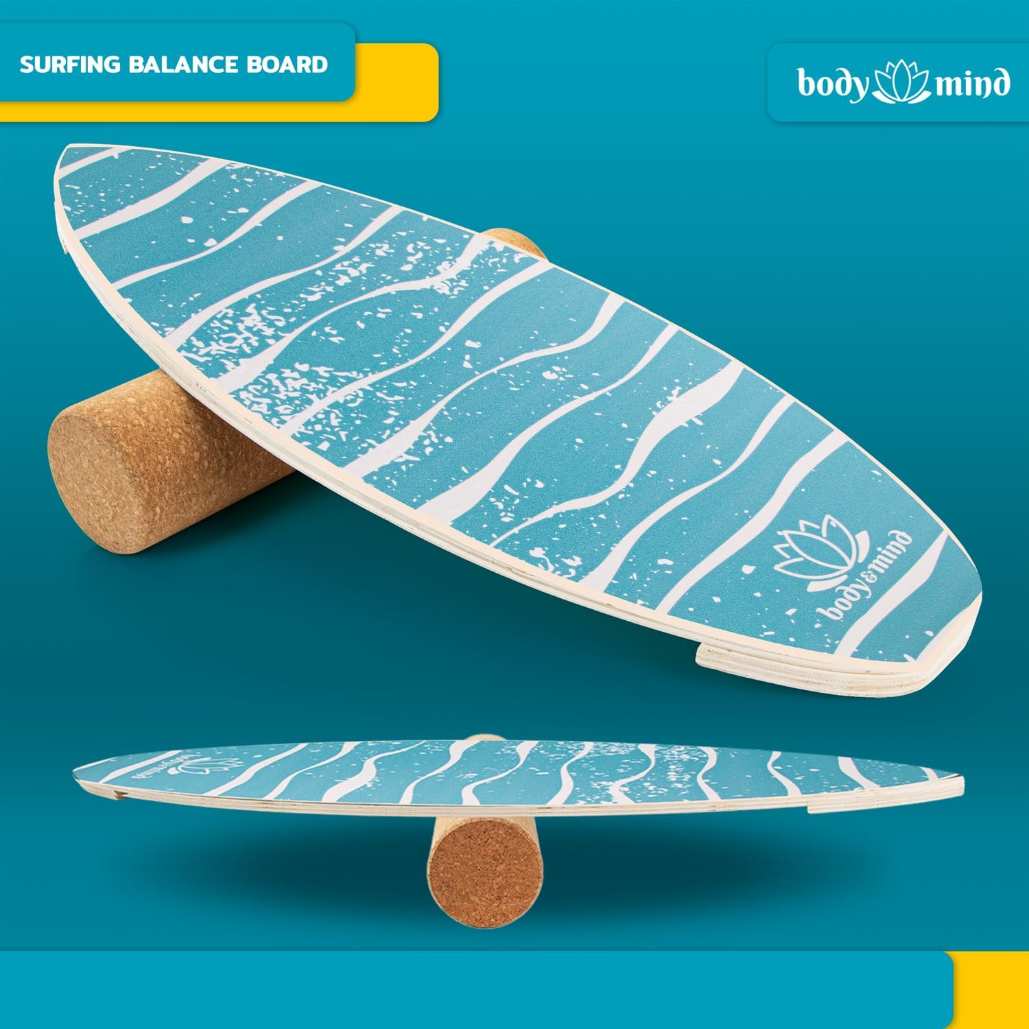 Balance-Board Surfbrett mit Korkrolle & Ständer – Fitness Board 80 cm