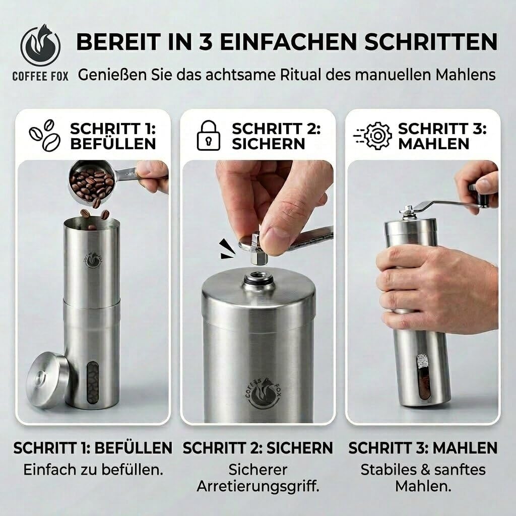 Manuelle Edelstahl-Kaffeemühle – Stufenloses Keramik-Mahlwerk