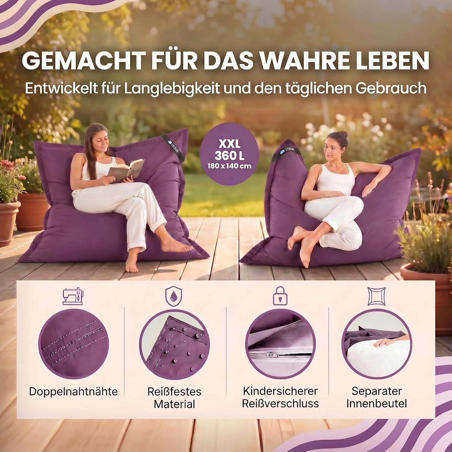 LazyBag XXL Sitzsack - Wasserfestes Outdoor Sitzkissen 180x140 cm