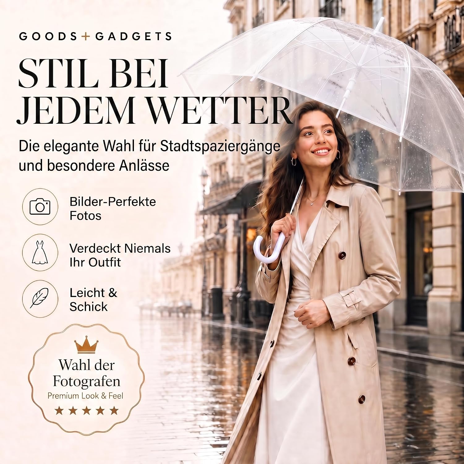 Transparenter Regenschirm 100cm - Durchsichtiger Stockschirm Elegant