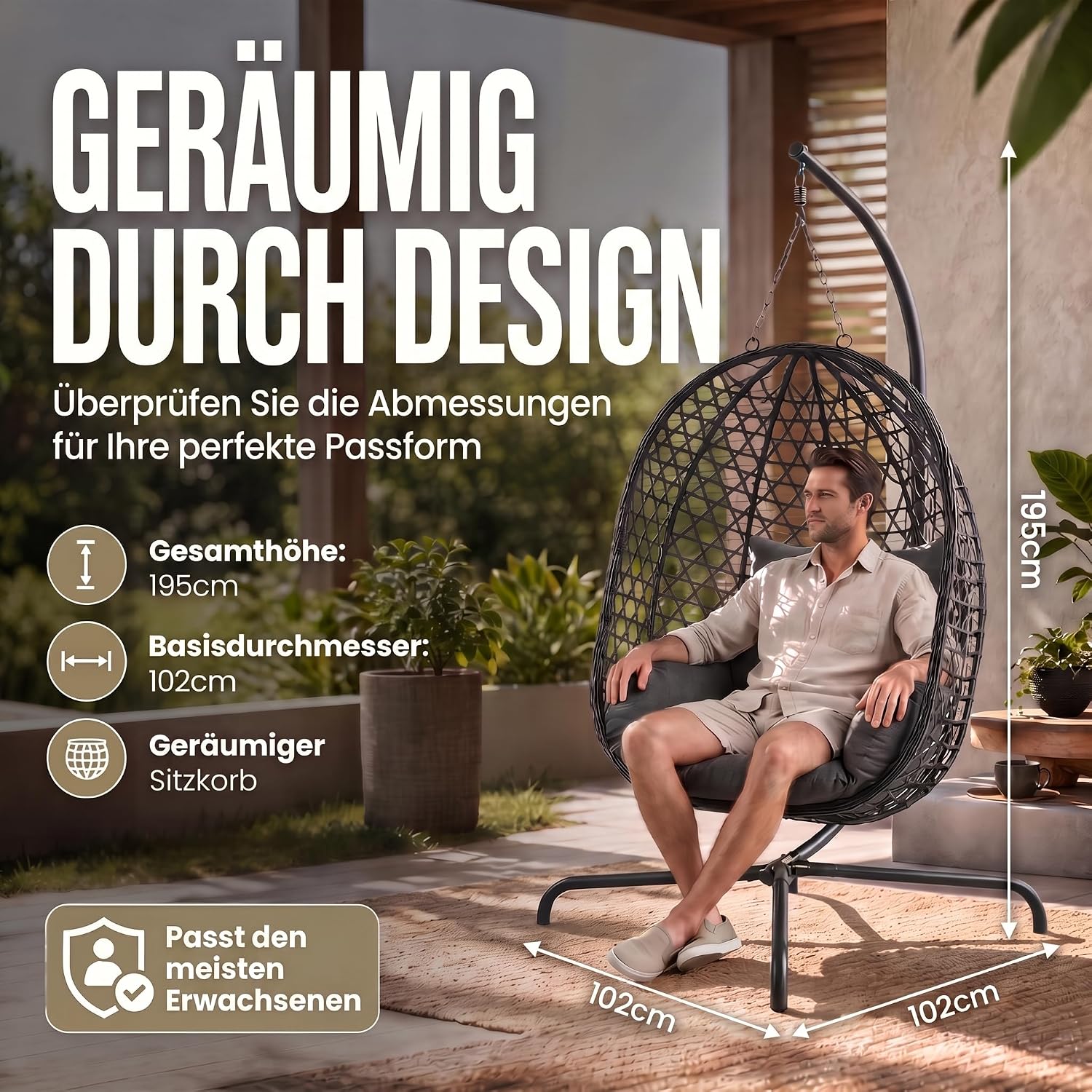 Schwebeliege mit Gestell - Freischwingender Hängesessel aus Rattan
