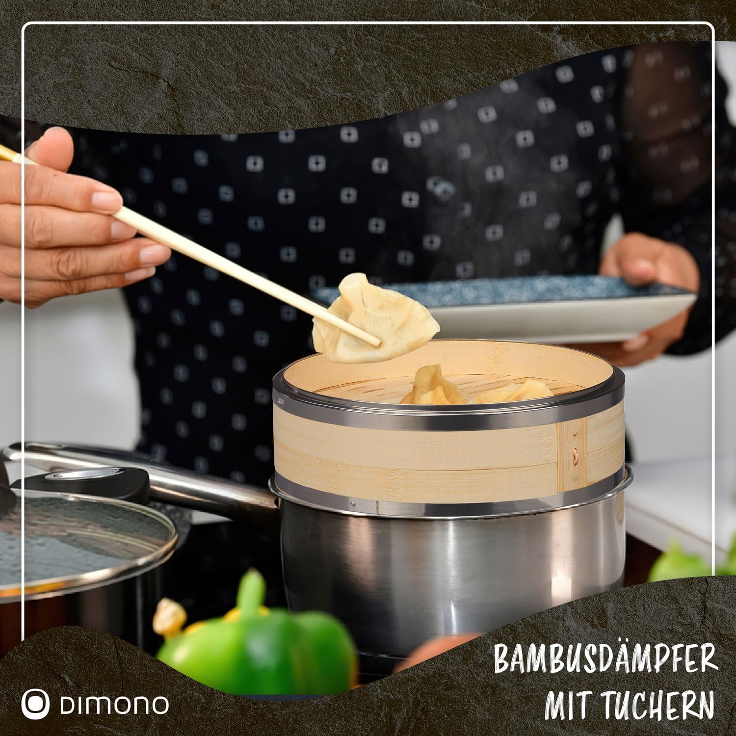 Bambus Dampfgarer 20cm - 2 Etagen Asia-Dampfkorb mit Edelstahl-Ring