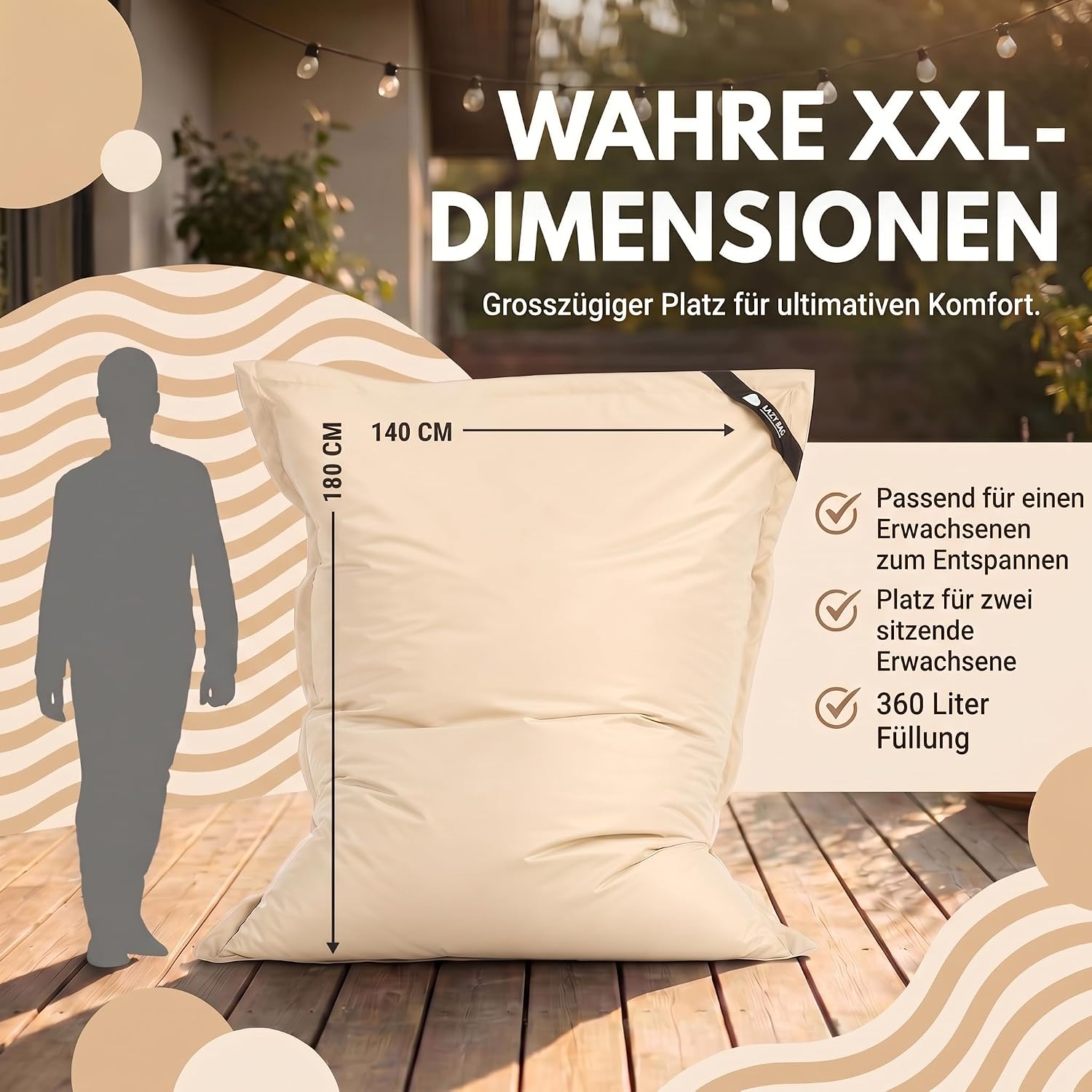LazyBag XXL Sitzsack - Wasserfestes Outdoor Sitzkissen 180x140 cm