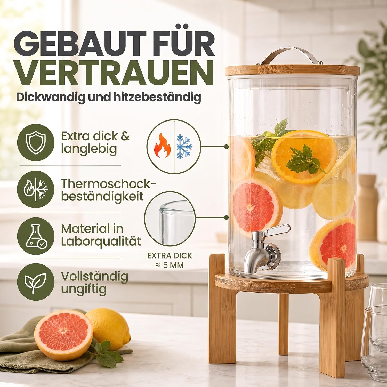Designer Getränkespender mit Zapfhahn & Bambusgestell 5L & 8L