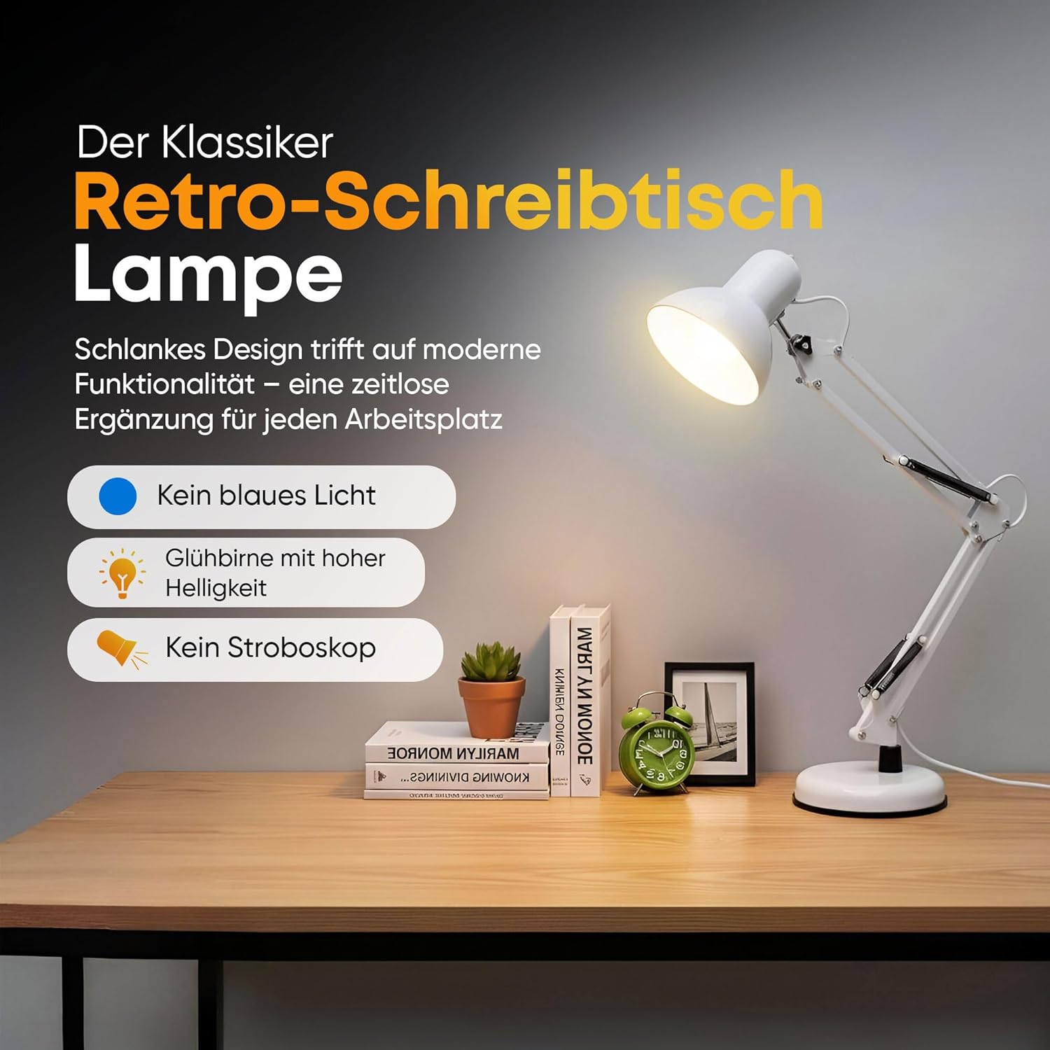 Retro Schreibtischlampe - Vintage Arbeitslampe mit Gelenk-Arm & LED