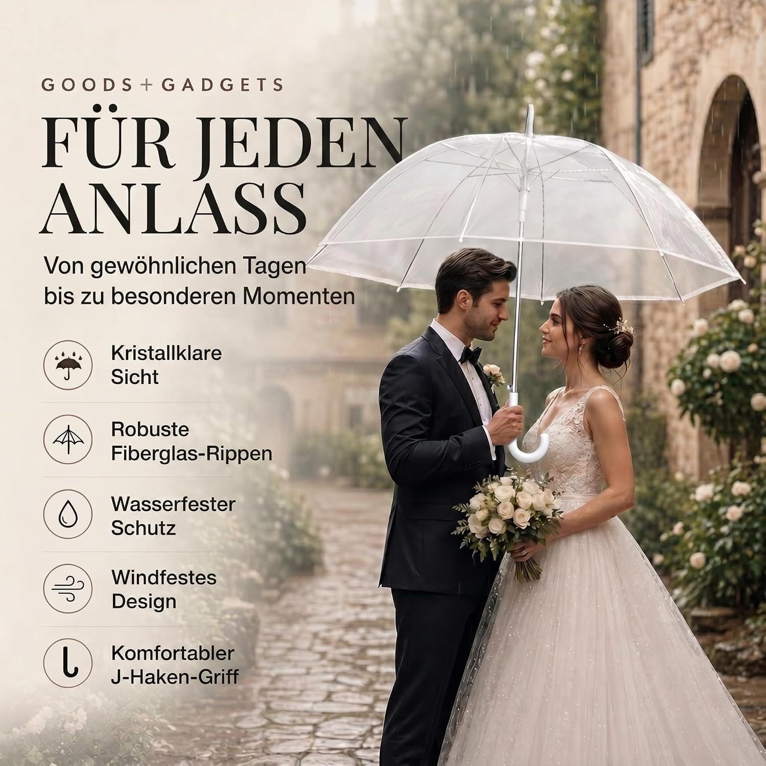 Transparenter Regenschirm 100cm - Durchsichtiger Stockschirm Elegant