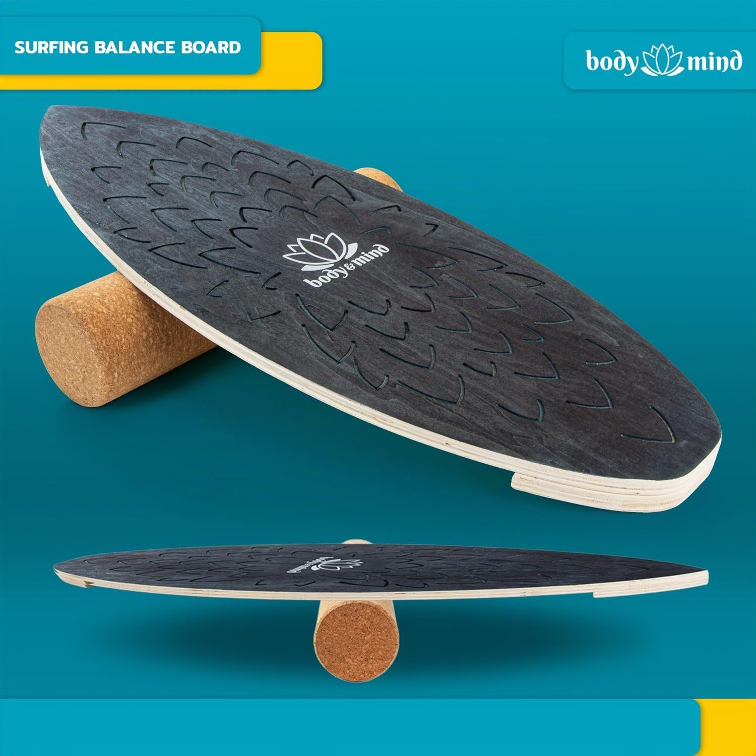 Balance-Board Surfbrett mit Korkrolle & Ständer – Fitness Board 80 cm