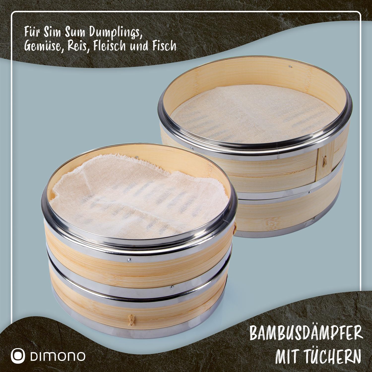 Bambus Dampfgarer 20cm - 2 Etagen Asia-Dampfkorb mit Edelstahl-Ring