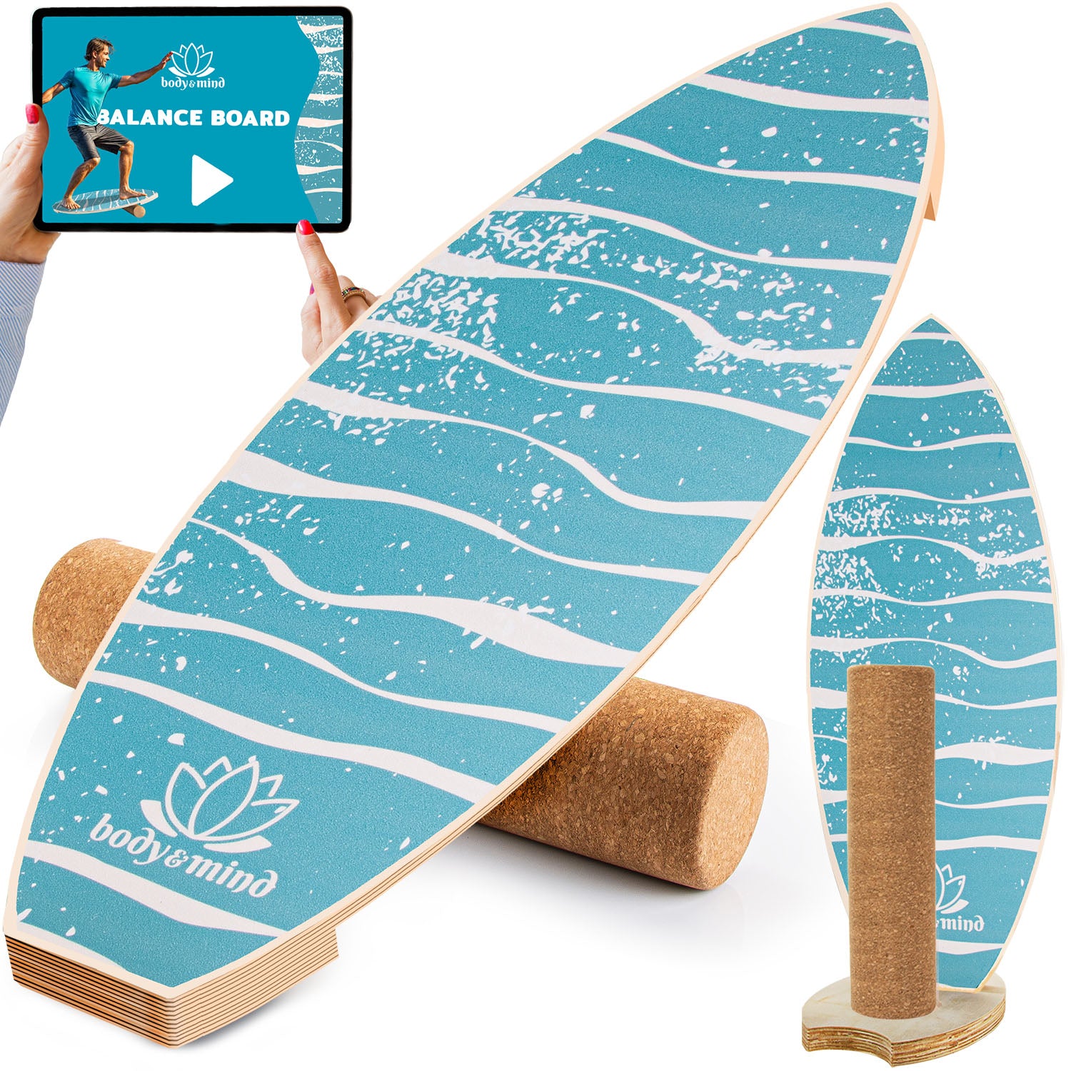 Balance-Board Surfbrett - Balance-Board mit Korkrolle & Ständer