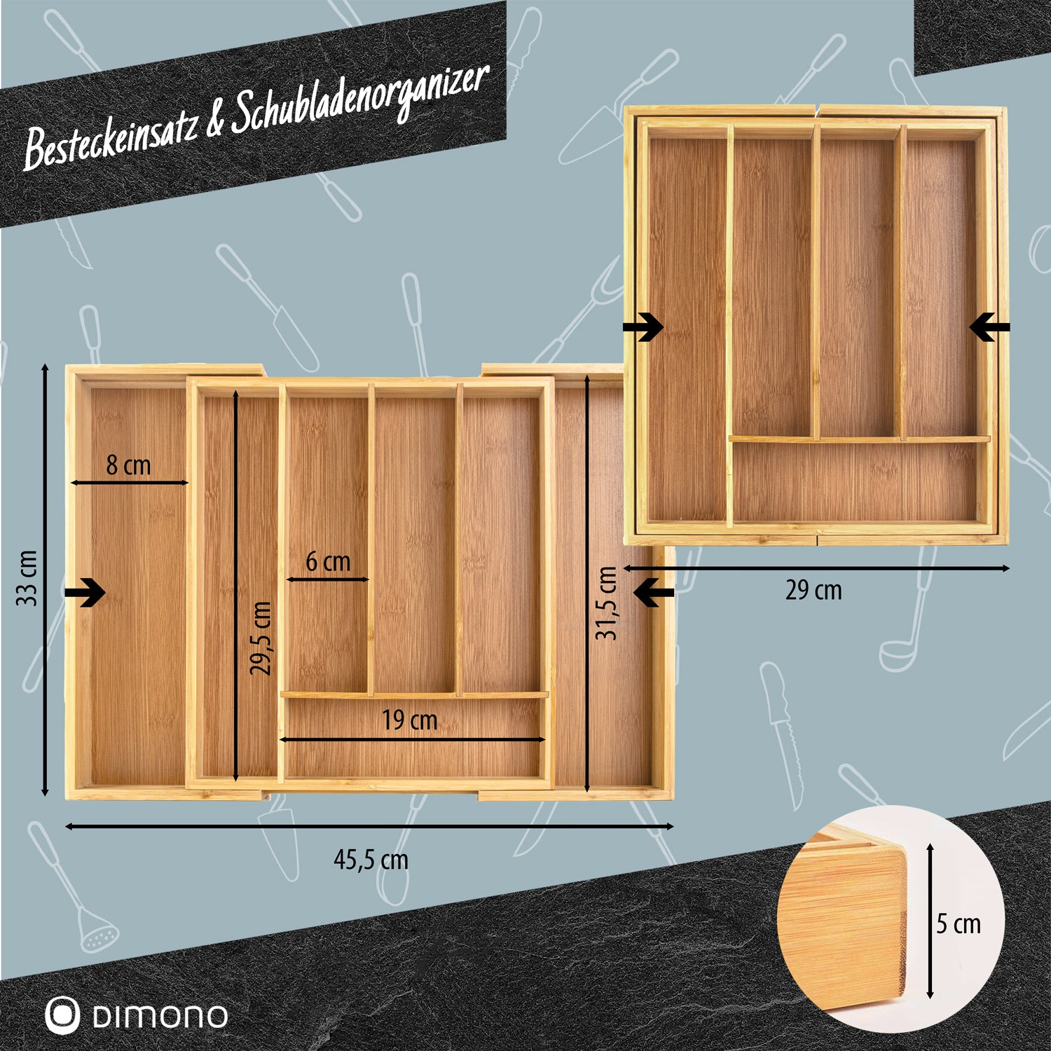Holz Besteckeinsatz - Schubladeneinsatz Besteckkasten aus Bambus