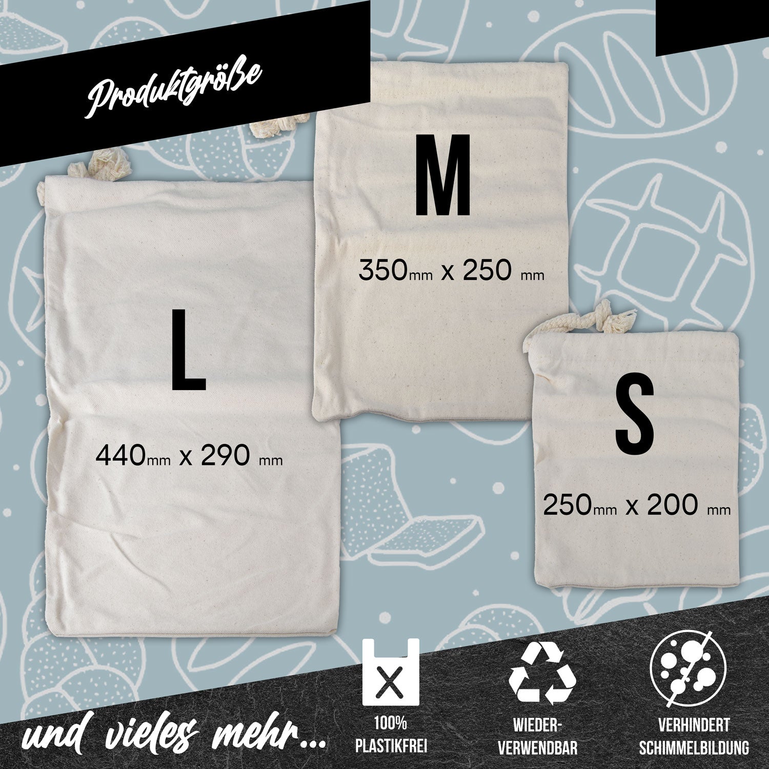 3er Set Brotbeutel aus 100% Baumwolle Obst & Gemüsebeutel in 3 Größen