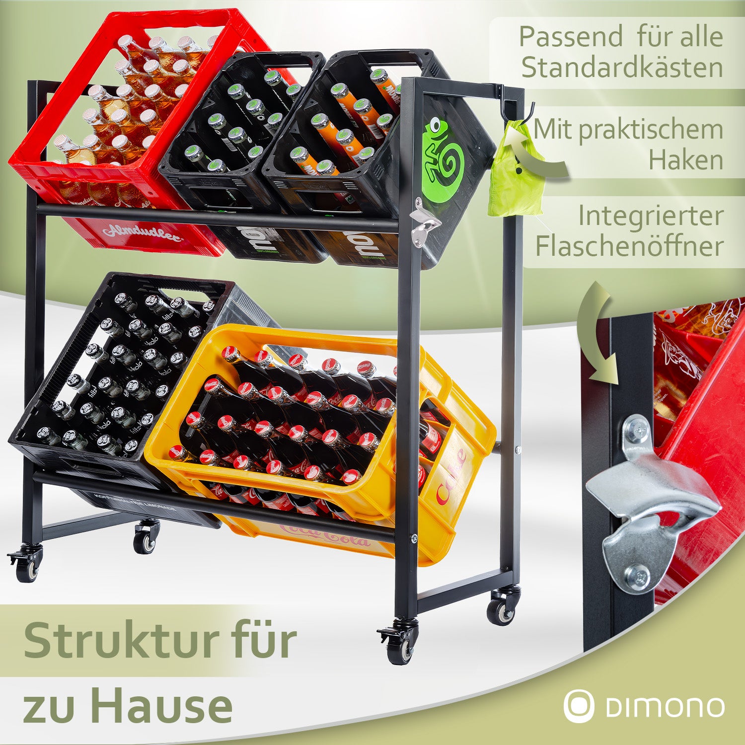 Rollbares Getränkekistenregal aus Metall
