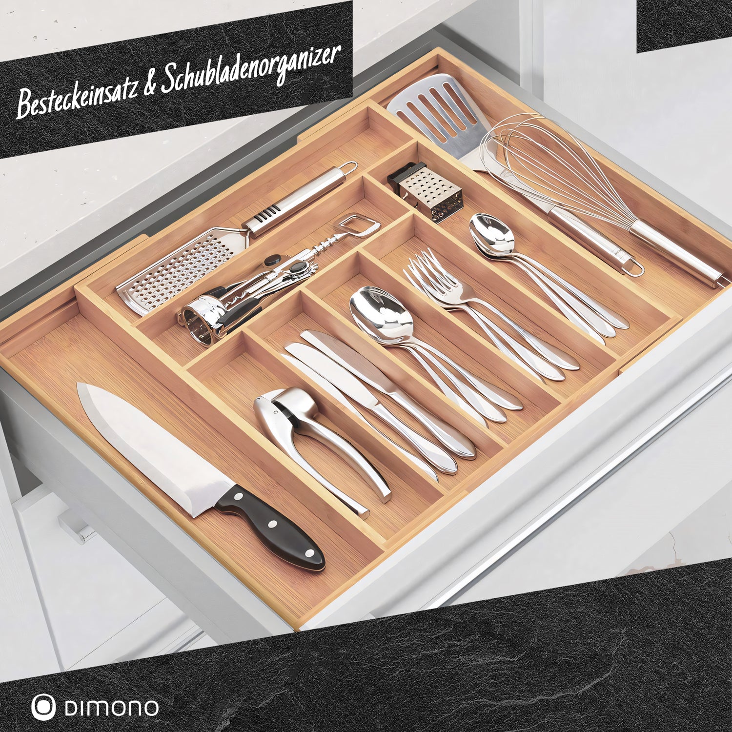 Holz Besteckeinsatz - Schubladeneinsatz Besteckkasten aus Bambus