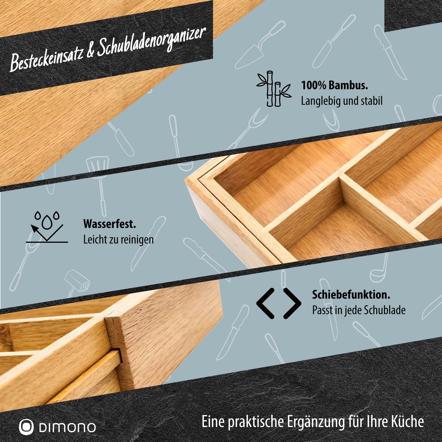 Holz Besteckeinsatz - Schubladeneinsatz Besteckkasten aus Bambus